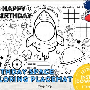 Placemat para colorear de cumpleaños espacial / Colorear espacio / Colorear para niños / Descarga instantánea / Plantilla tamaño carta