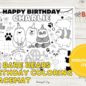 We Bare Bears Personalized Birthday Coloring Placemat | Letter-Size | Printable Digital Coloring for Kids |