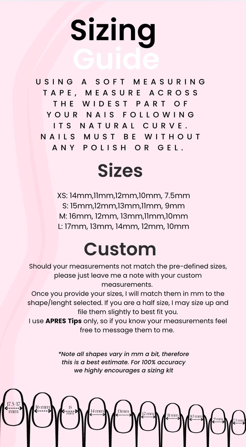 Op de afbeelding: Maattabel voor kunstnagels, met verschillende maten in millimeters. De tabel bevat instructies voor het meten van je nagels en een opmerking over aangepaste maten.