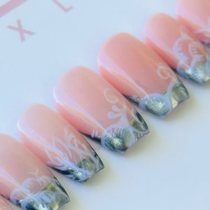 Silver French with Flowers -  Luxury Press On Nails - Apres Gel X - Wedding Nails , Silver chrome nails