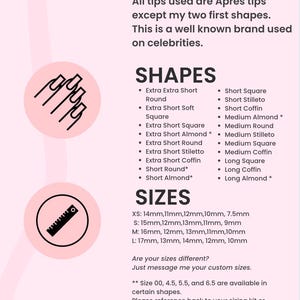 Op de afbeelding: Een roze en witte afbeelding met de tekst "Shapes & Sizes" en een lijst met nagelvormen en -maten. De afbeelding bevat ook een diagram van een nagelvorm en een liniaal.