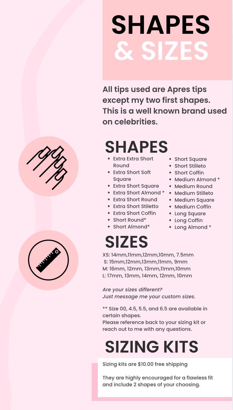 Op de afbeelding: Een roze en witte afbeelding met de tekst "Shapes & Sizes" en een lijst met nagelvormen en -maten. De afbeelding bevat ook een diagram van een nagelvorm en een liniaal.