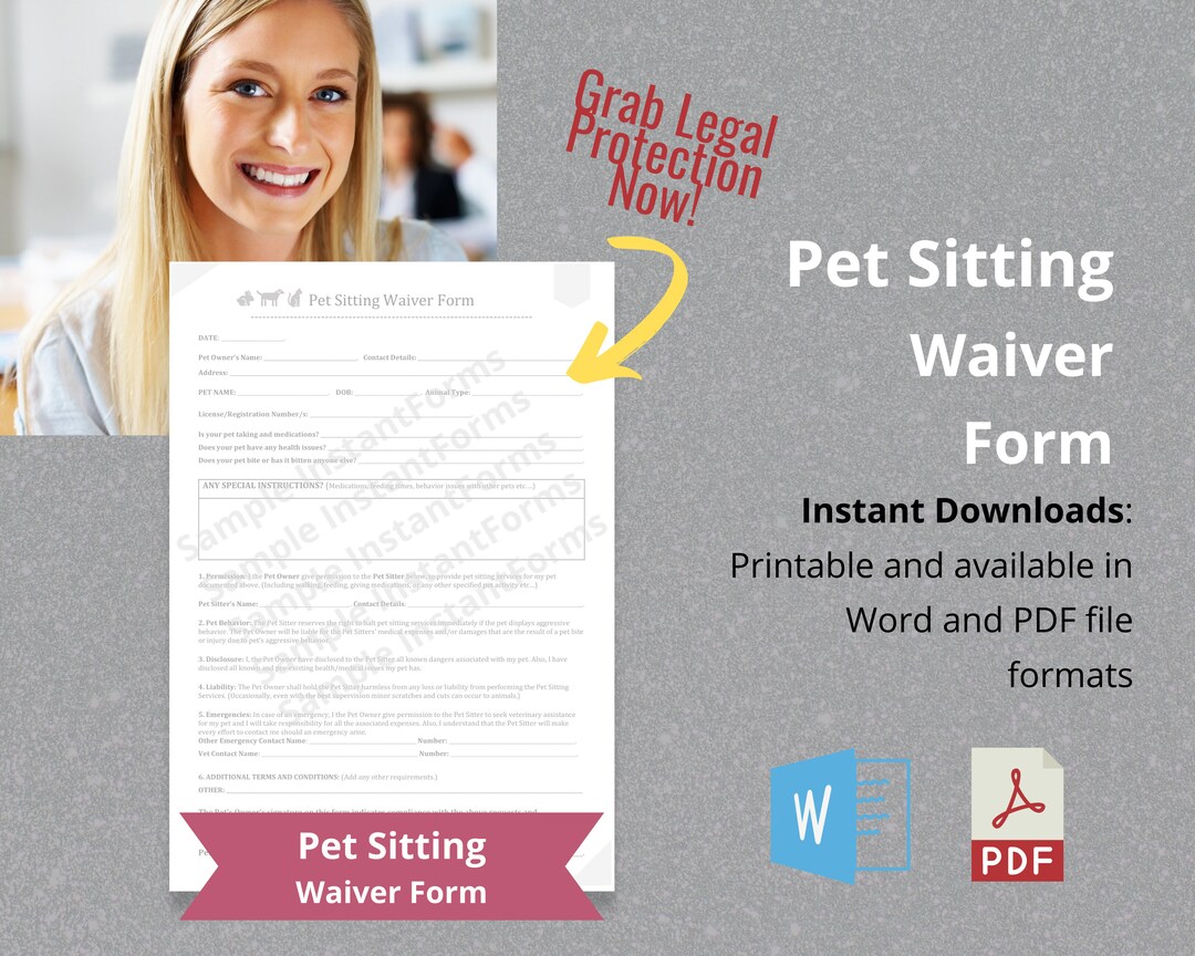 Pet Sitting Waiver Form, Printable Pet Sitting Forms, Simple Pet