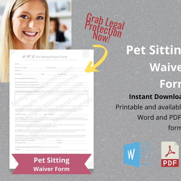 Pet Sitting Waiver Form, Printable Pet Sitting Forms, Simple Pet Sitting Contract, pdf, Word doc, Printable, Dog Waiver Form