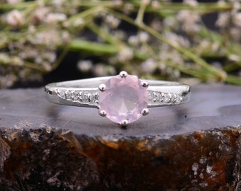 925 Sterling Silver Natural Rose Quartz Engagement Ring For Women-Wedding Ring-Round Cut 6X6 mm-Available in Sizes 5,6,7,8,9,10 -NO-RQ-13