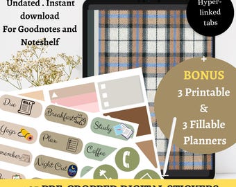 Digital Planner download, Journal with 85 stickers, Undated Planner,  Goodnotes, Noteshelf, Monthly Digital Planner