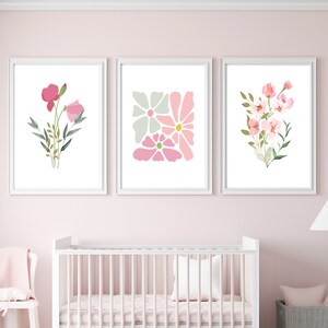 Wildflowers Room Decor for Girl, Nursery Wall Art Prints, Pink Flower Gallery Wall Set