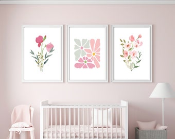Decorazioni per cameretta con fiori di campo per bambina, stampe artistiche da parete per la cameretta dei bambini, set da parete con galleria di fiori rosa
