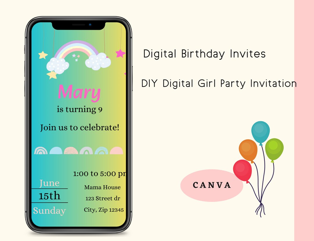 Girl Electronic Birthday Invites, DIY Digital Party Invitation Etsy
