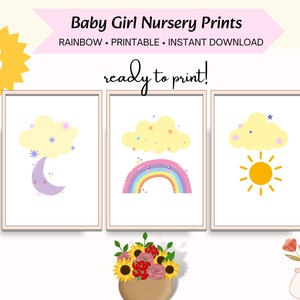 Set di 3 stampe per la cameretta delle bambine, stampabili da parete con arcobaleno e nuvole,