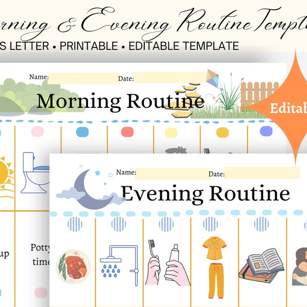 Bedtime Editable Template, Morning and Evening routine chart for kids, Toddler Routine- Letter size & A4