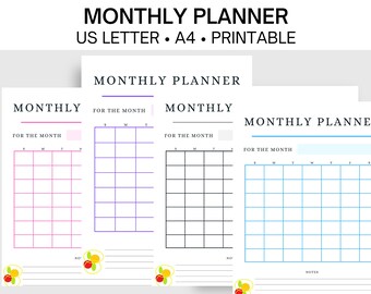 May include: Four printable monthly planner pages. The first page is pink, the second is purple, the third is black, and the fourth is blue. Each page has a space for the month, a grid for the days of the week, and a notes section.