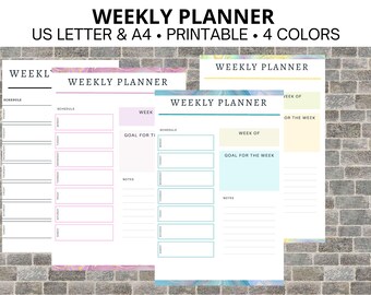May include: Four printable weekly planner templates with different colored backgrounds. Each planner includes sections for schedule, goals, and notes.