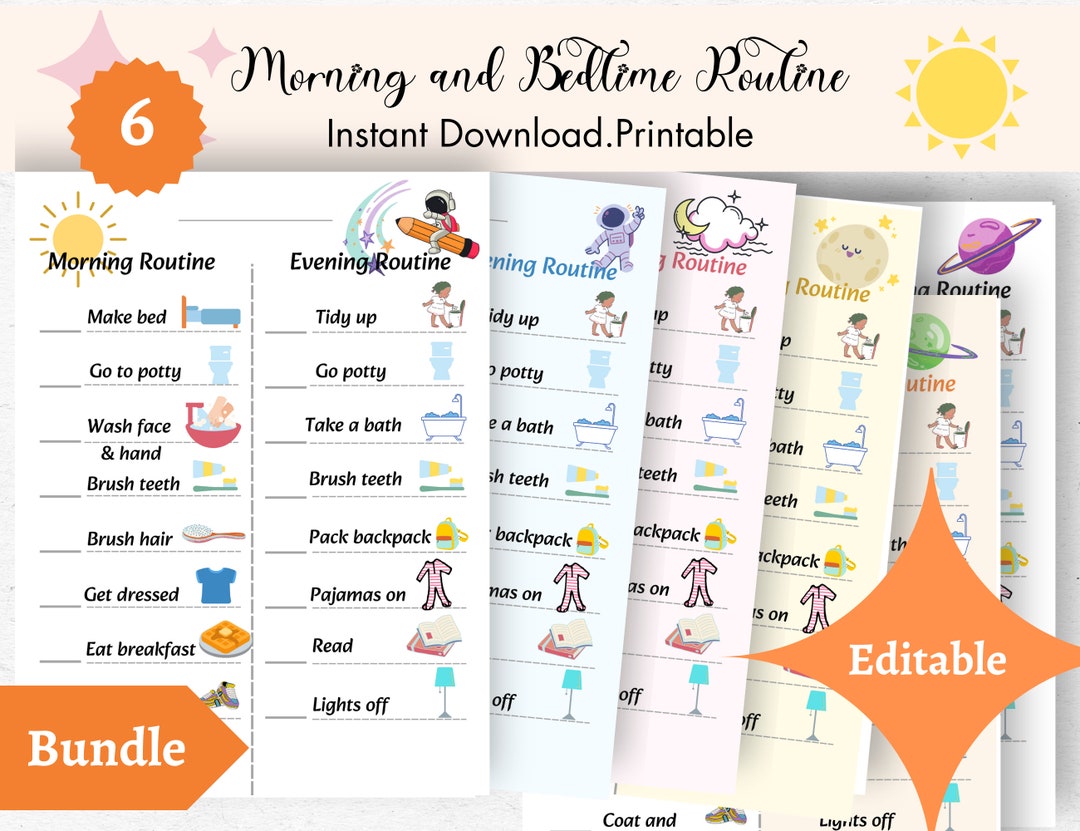 Toddler Routine Chart, Morning and Evening Editable Checklist, Kids ...