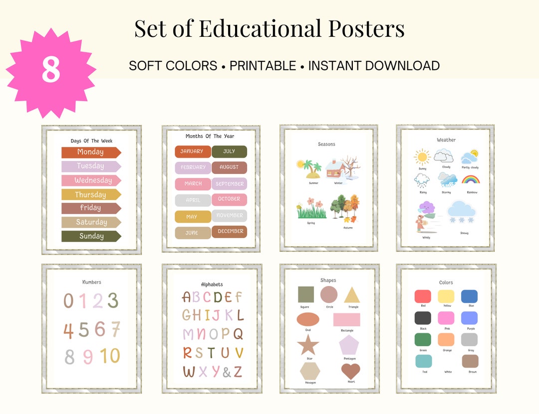 Set of 8 Educational Posters, Classroom, Toddler Room and Montessori ...