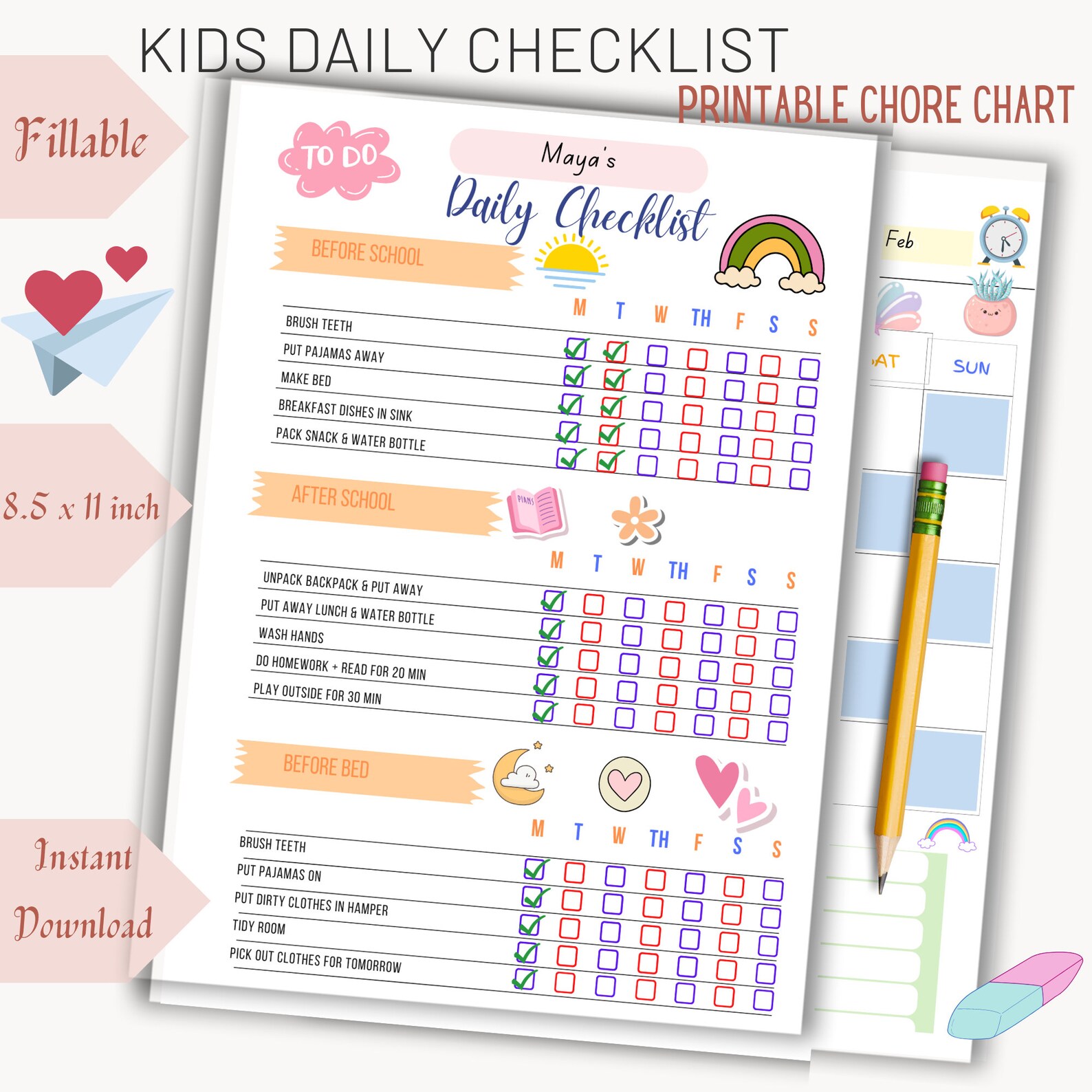 Kids Daily Checklist, Routine Chart, Responsibility Chart, Homeschool ...