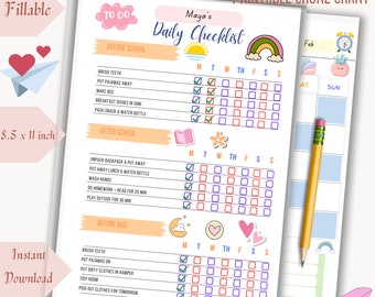 May include: Printable daily checklist for kids with a rainbow, sun, and moon design. The checklist includes tasks for before school, after school, and before bed. The checklist is 8.5 inches by 11 inches.