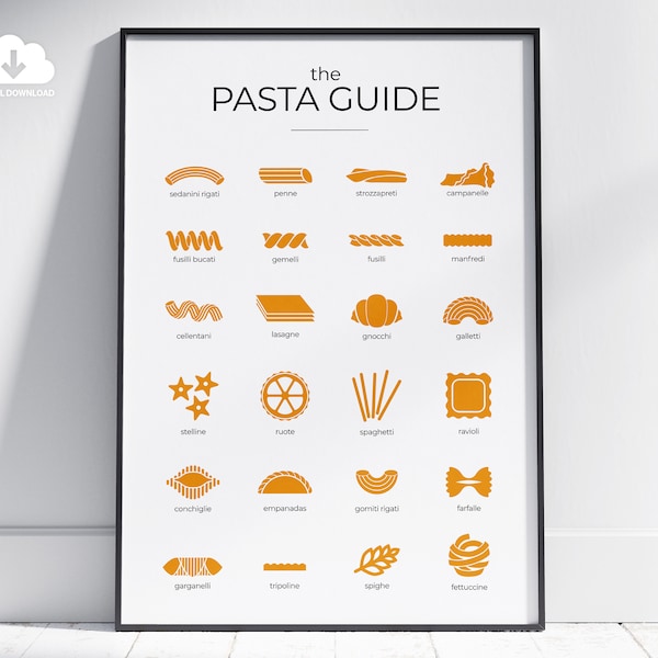PASTA TYPES Guide Poster. PASTA Types Print. Pasta Lover Gift. Pasta Guide Print Pasta Modern Kitchen Print Farmhouse Kitchen Restaurant Art