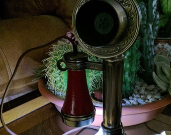 Upcycled Handmade Candle Stick Telephone Lamp.