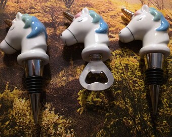 Unicorns bottle opener and two bottle stoppers. Set of three