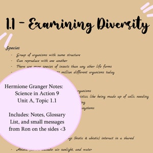 May include: A pink and white illustrated note card with the text "Hermione Granger Notes: Science in Action 9 Unit A, Topic 1.1 Includes: Notes, Glossary List, and small messages from Ron on the sides <3"