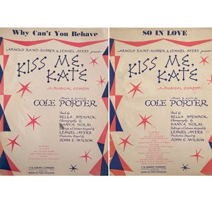 Lot of 2 Kiss Me Kate Sheet Music So In Love, Why Can&#39;t You Behave C Porter 1948