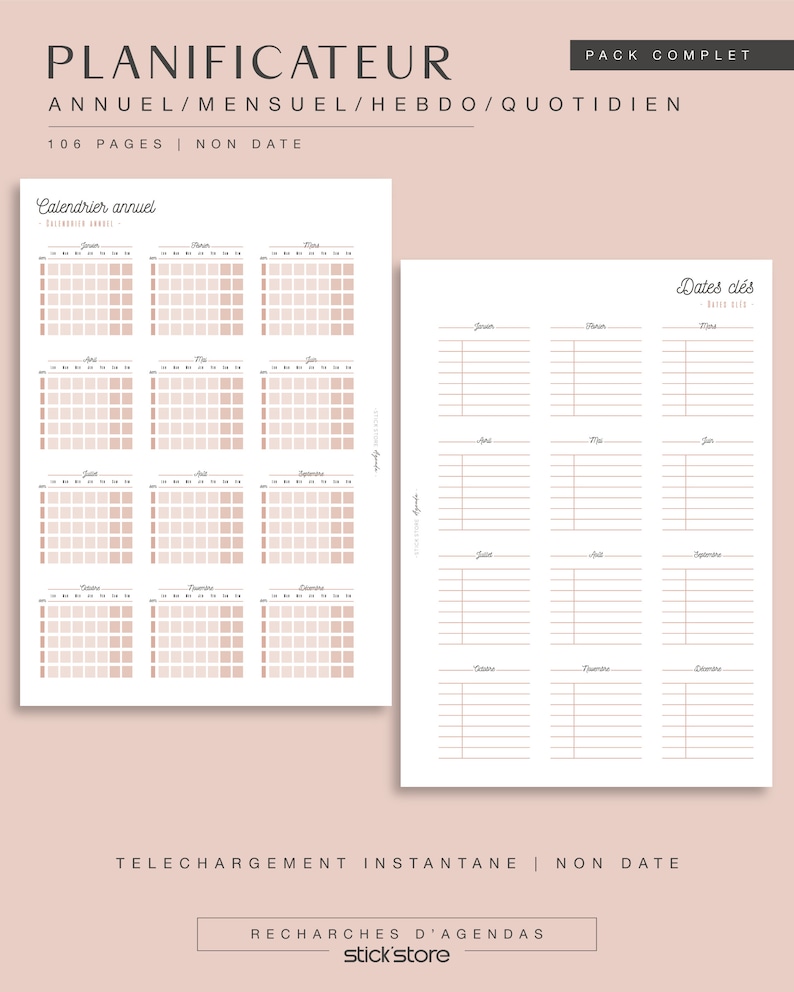 Agenda non daté, recharge annuelle complète Terracotta de planificateur A4/A5 en français, pour agenda papier et digital, PDF à imprimer image 2