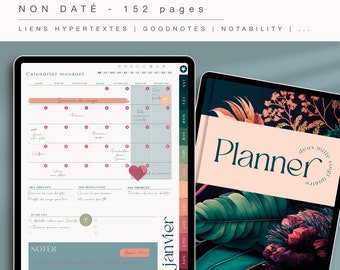 Agenda digital NON DATÉ bleu petrol en français - Planner pour Goodnotes - Agenda numérique pour iPad - Planificateur avec liens cliquables