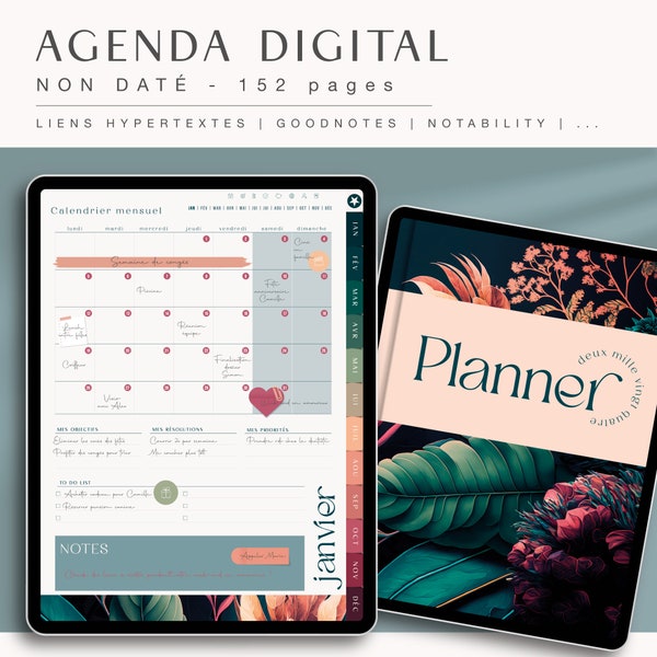 UNDATIERTER digitaler Planer in Petrolblau auf Französisch – Planer für Goodnotes – Digitaler Planer für iPad – Planer mit anklickbaren Links