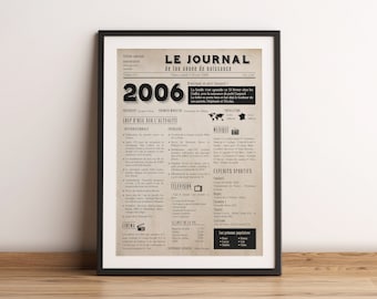 Affiche 2006 - Affiche année de naissance - Rétrospective sur l'année de votre naissance type journal - Cadeau d'anniversaire personnalisé