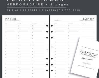 Agenda hebdomadaire non daté pour planner papier et digital, 2 pages par semaine français, recharge agenda semaines A4/A5, PDF à télécharger