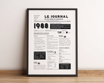 Affiche 1988 - Affiche année de naissance - Rétrospective sur l'année de votre naissance type journal - Cadeau d'anniversaire 30 ans