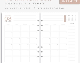 Agenda mensuel sur 2 pages 2024 beige, pour agenda papier, recharges aux formats A4 et A5 PDF, à imprimer, téléchargement instantané