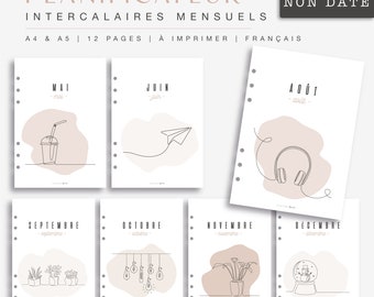 Intercalaires mensuels non datés à imprimer, pour agenda papier, recharges aux formats A4 et A5 PDF, téléchargement instantané