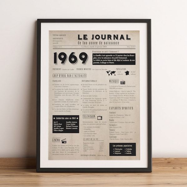 Affiche 1969 - Affiche année de naissance - Rétrospective sur l'année de votre naissance type journal - Cadeau d'anniversaire 50 ans