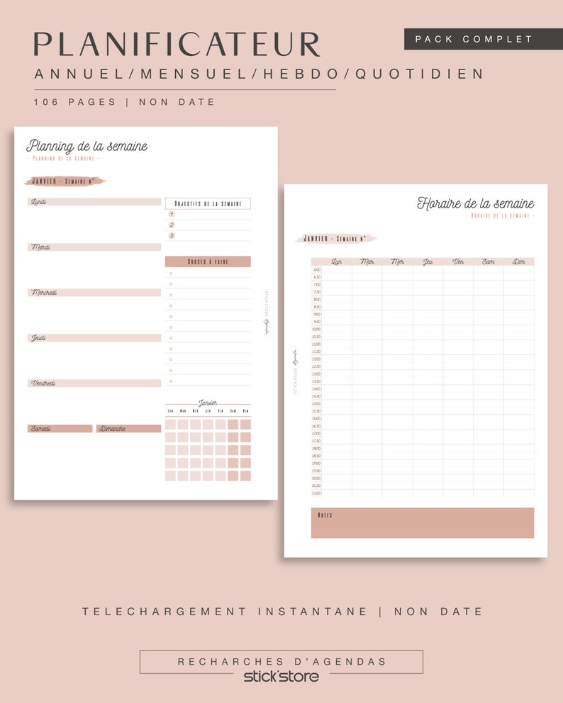 Agenda non daté, recharge annuelle complète Terracotta de planificateur A4/A5 en français, pour agenda papier et digital, PDF à imprimer image 6