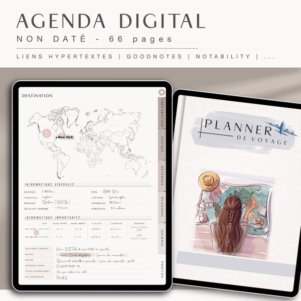 Planner de voyage beige en français - Planner avec liens pour Goodnotes - Agenda numérique pour tablette