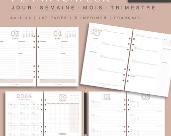 2024 annual diary in French, days, weeks, months, quarter pages, beige planner for A4 and A5 paper diary and digital diary