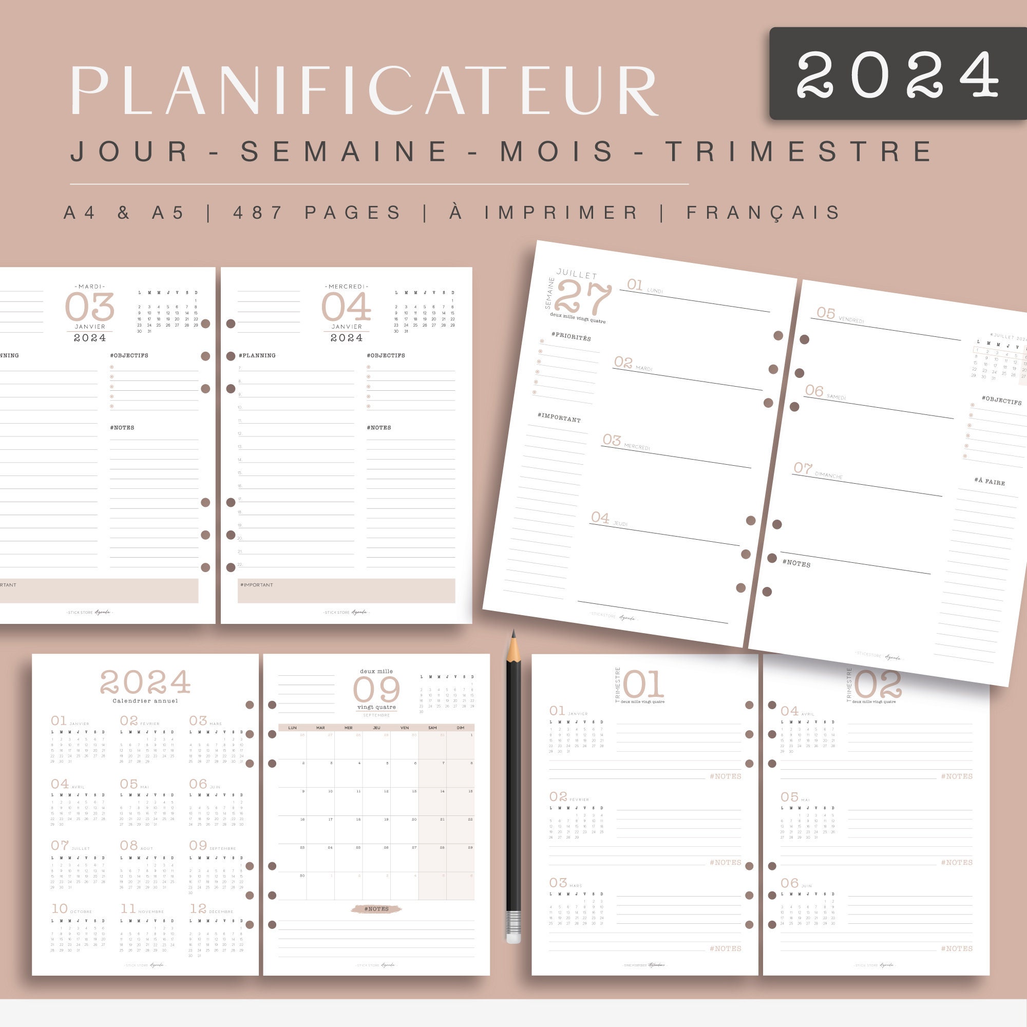 Agenda annuel 2024 en français, pages jours, semaines, mois, trimestre,  planner beige pour agenda papier A4 et A5 et agenda digital -  France