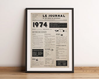 Affiche 1974 - Affiche année de naissance - Rétrospective sur l'année de votre naissance type journal - Cadeau d'anniversaire 50 ans
