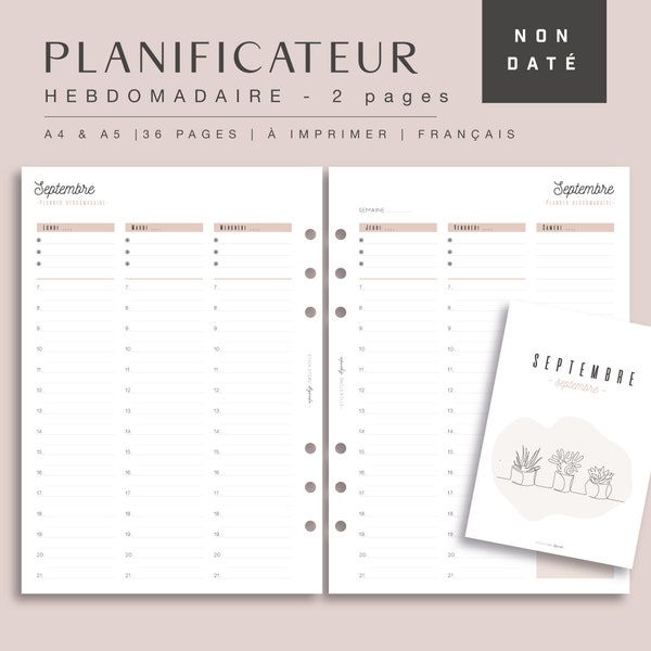 Planificateur semaine beige non daté pour agenda papier et digital, 2 pages par semaine français, recharge agenda hebdomadaire A4/A5 PDF