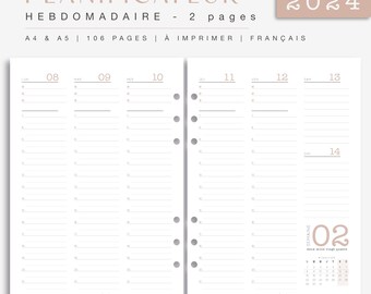 Weekplanner 2024 beige minimalistisch 2 pagina's per week, voor papieren agenda, navullingen A4 en A5 PDF formaten, om af te drukken