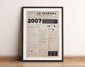 Affiche 2007 - Affiche année de naissance - Rétrospective sur l'année de votre naissance type journal - Cadeau d'anniversaire  personnalisé