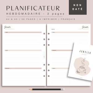 Undated beige weekly planner for paper and digital diary, 2 pages per week French, A4/A5 PDF week planner refill