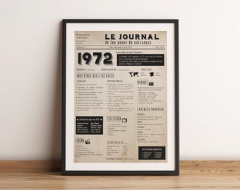 Affiche 1972 - Affiche année de naissance - Rétrospective sur l'année de votre naissance type journal - Cadeau d'anniversaire 50 ans