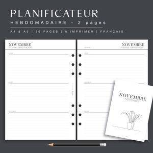 Undated weekly planner for paper and digital diary, 2 pages per week French, A4/A5 week planner refill, PDF to download