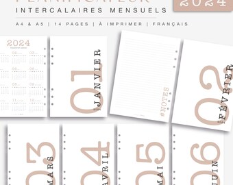 Intercalaires mensuels 2024 à imprimer, pour agenda papier, recharges aux formats A4 et A5 PDF, téléchargement instantané