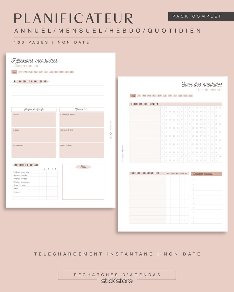 Agenda non daté, recharge annuelle complète Terracotta de planificateur A4/A5 en français, pour agenda papier et digital, PDF à imprimer image 4