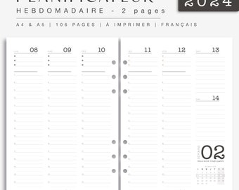 Agenda 2024 hebdomadaire, noir et minimaliste, 2 pages par semaine, pour agenda papier, recharges formats A4 et A5 à imprimer