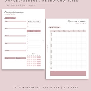 Feuilles d'agenda non daté, pour agenda papier ou digital, planificateur rose A4/A5 en français, jour, semaine, mois année, PDF à imprimer image 6